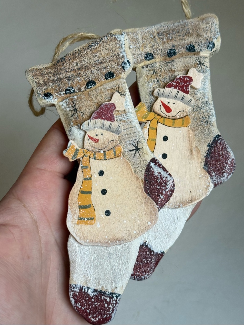 Set of 2 Vintage 90s Wood Stocking Snowman Faux Flocked Christmas Tree Ornaments